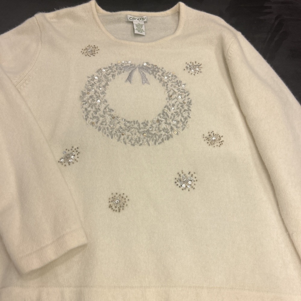 Vintage Orvis Angora Blend Wool Holiday Sweater Sparkly Sequin Wreath Womens XL